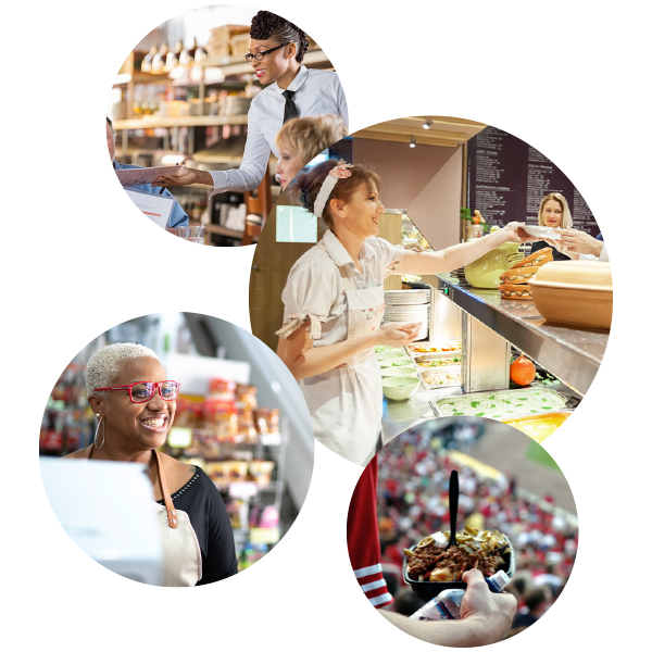 bubbled images of a waitress, attendant, cashier and a bowl of steak
