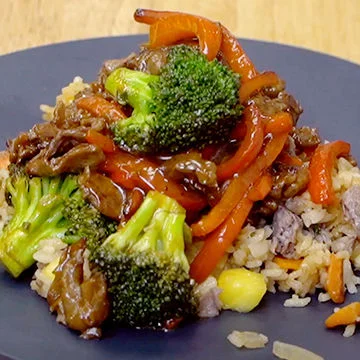 Plum-Teriyaki Beef with Fried Rice plated